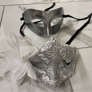 Silver Lace Masquerade Face Mask with Floral Accent